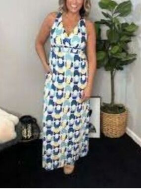 SOMA L Sleeveless Blue Patterned Maxi Dress